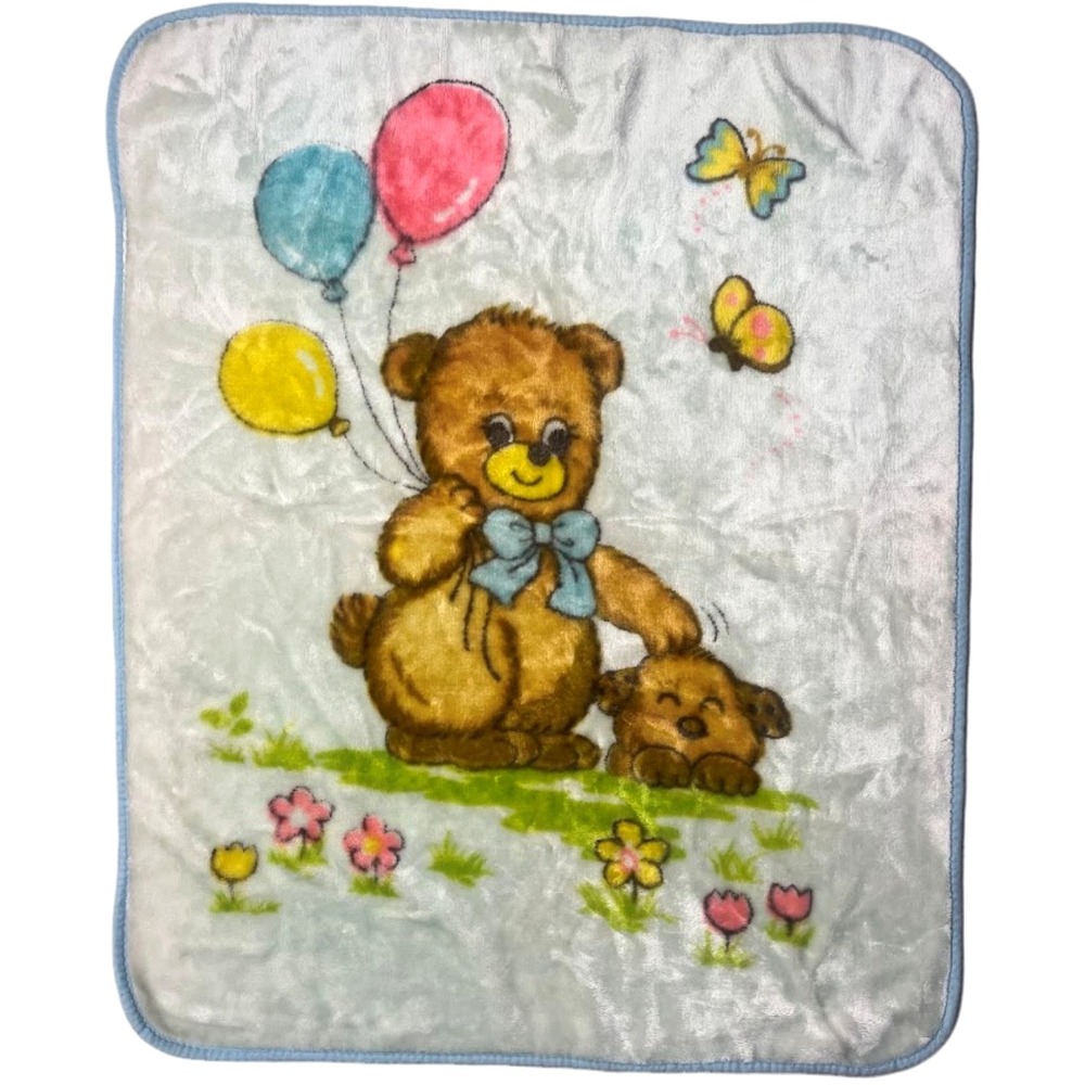 Vintage Light Blue / Green Bear Dog Balloons Baby Blanket 36x40 Plush Soft Vtg